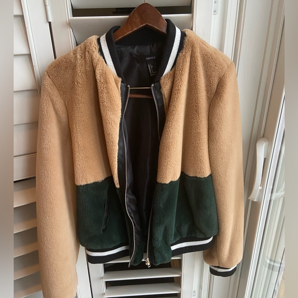 Fur Women Varsity Bomber Jacket - Beige and Green